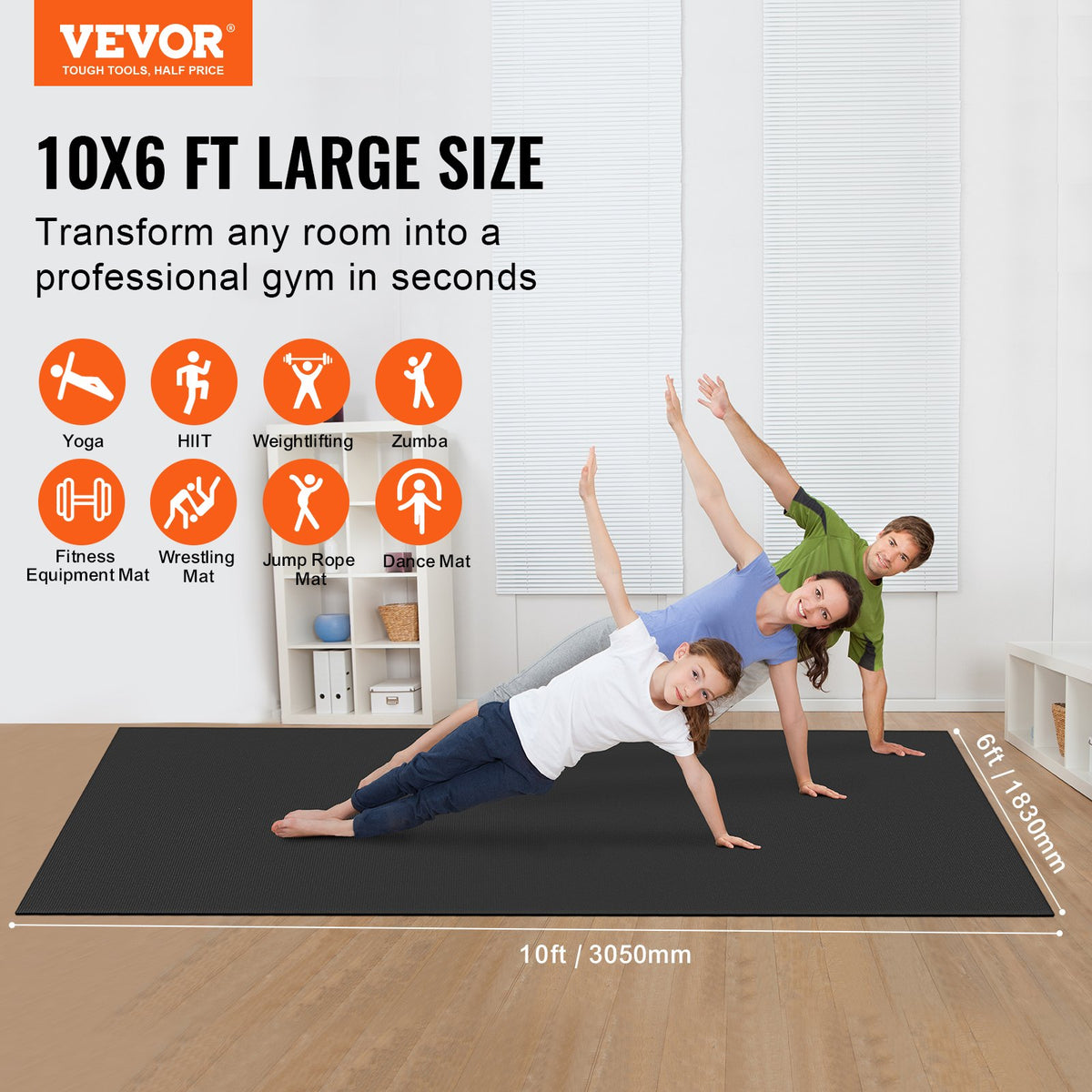 Exercise Mat 10x6FT | Non-Slip High Density Yoga Mat with Bag & Strap | For Home Yoga, Pilates & Floor Workouts | Unisex