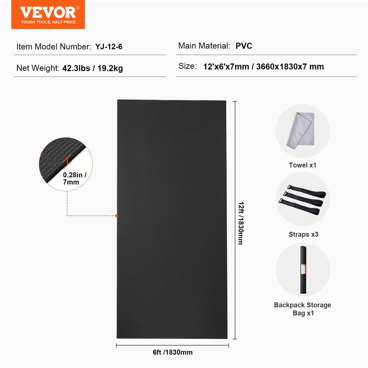 Exercise Mat 12x6FT | Non-Slip High Density Yoga Mat with Bag & Strap | For Home Yoga, Pilates & Floor Workouts | Unisex