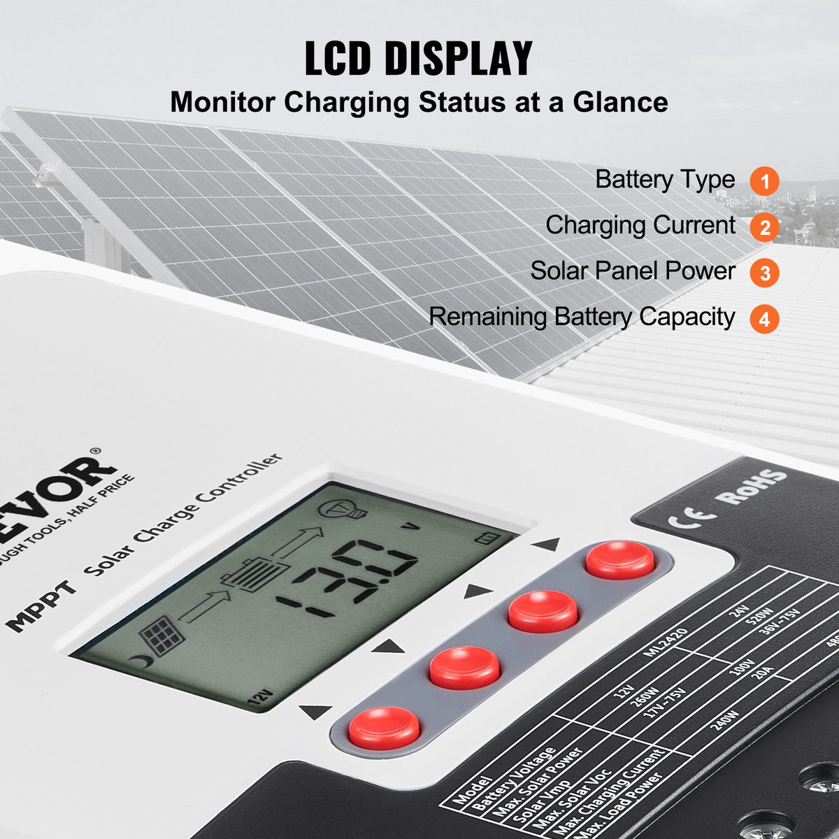 MPPT Solar Charge Controller | 20A Auto DC Input with LCD & Temp Sensor | AGM, Gel, Flooded & Lithium Battery Charger