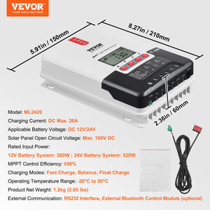 MPPT Solar Charge Controller | 20A Auto DC Input with LCD & Temp Sensor | AGM, Gel, Flooded & Lithium Battery Charger