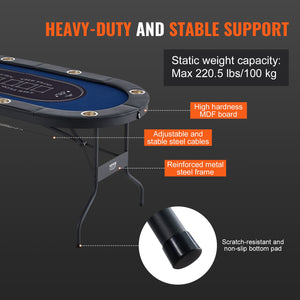 Foldable Poker Table 183cm | 8 Player Texas Hold’em & Blackjack Table | Padded Rails, Cup Holders & Folding Legs | Blue