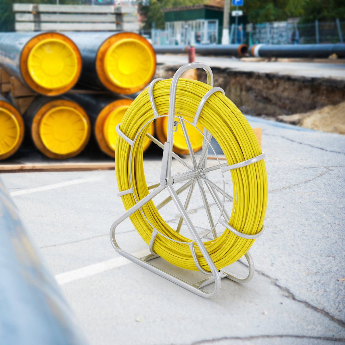 Fibreglass Fish Tape 150m x 7.9mm | Duct Rodder Wire Puller with Steel Reel Stand & 3 Pulling Heads | Non-Conductive Cable Running Tool for Conduit & Walls