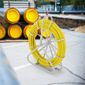 Fibreglass Fish Tape 150m x 7.9mm | Duct Rodder Wire Puller with Steel Reel Stand & 3 Pulling Heads | Non-Conductive Cable Running Tool for Conduit & Walls