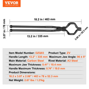 Blacksmith Tongs | 463mm Z V-Bit Carbon Steel Forge Tongs | For Knife Blades & Circular Forgings