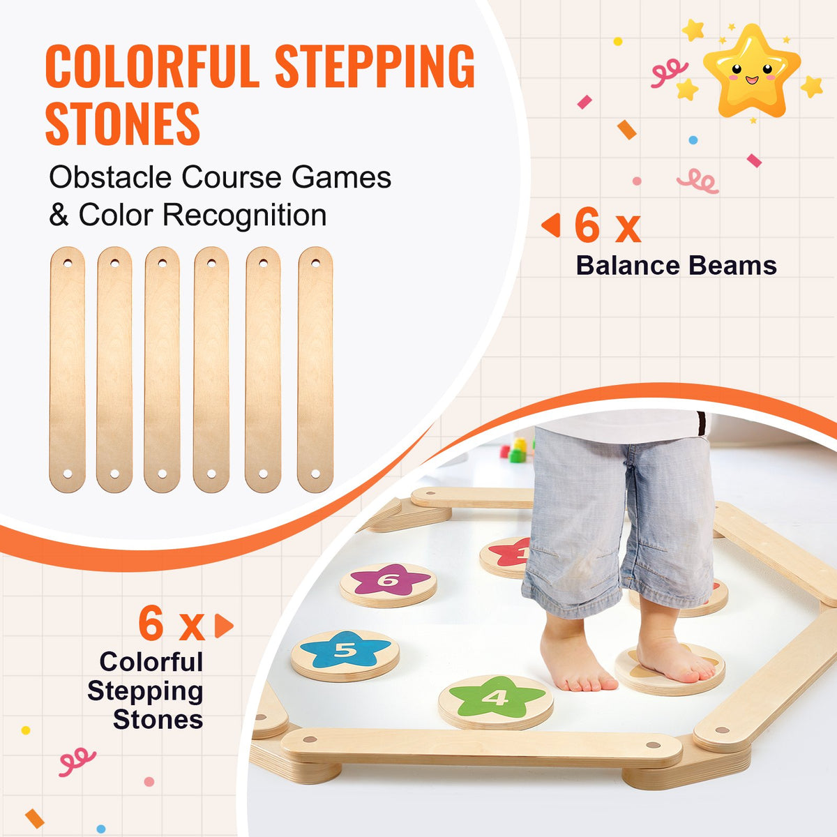 Kids Balance Beam Set | 6-Piece Stepping Stones & Gymnastics Board