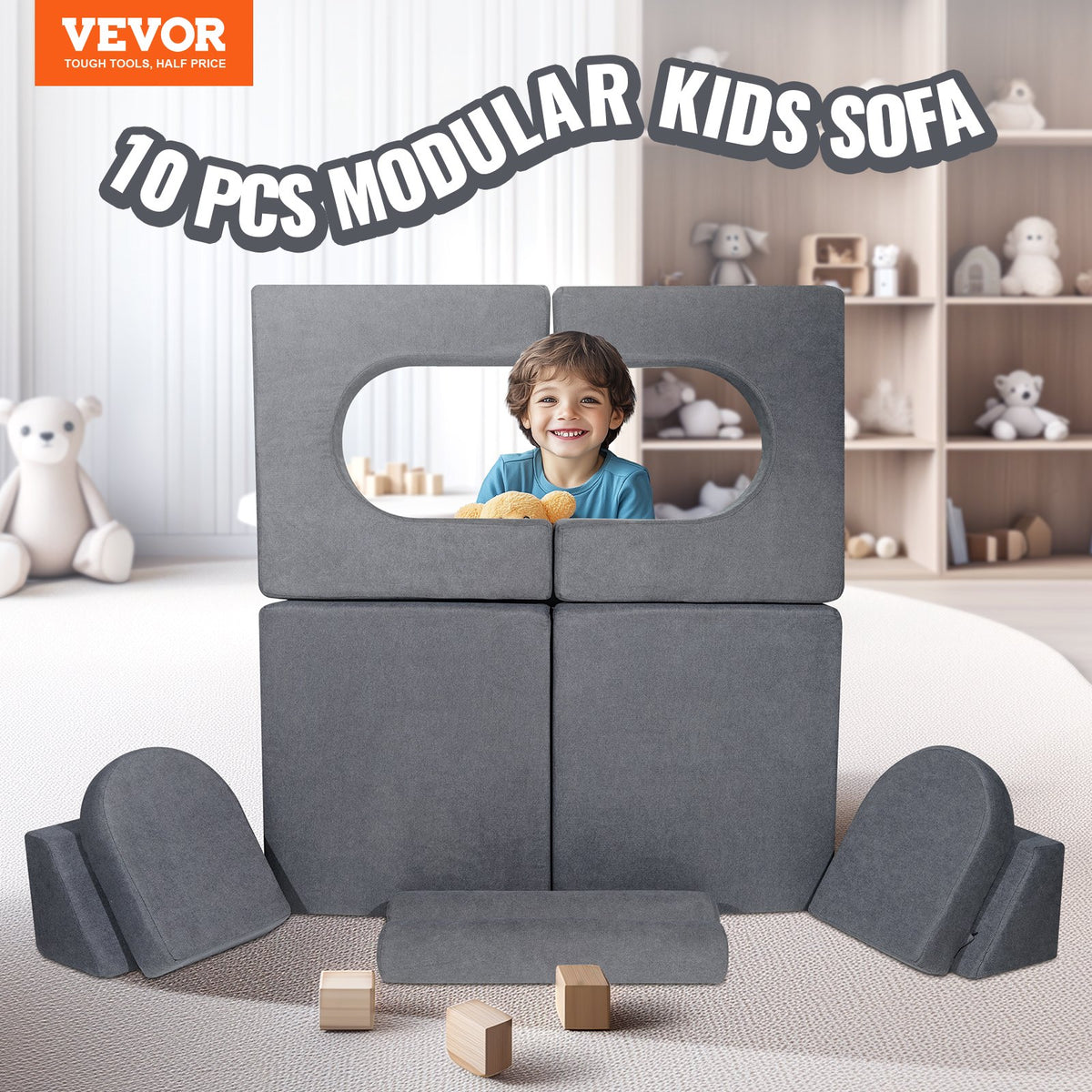 Modular Kids Play Couch | 10-Piece Grey Toddler Sofa Set