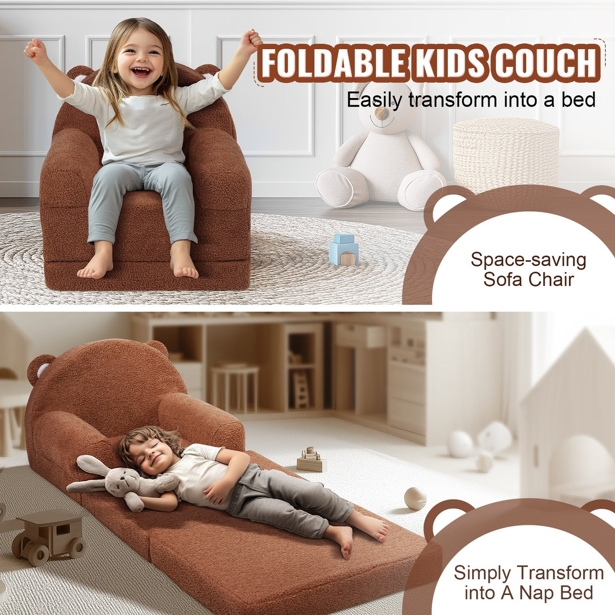 Baby Chair Sofa | 2-in-1 Foldable Lounger | Cartoon Brown Design
