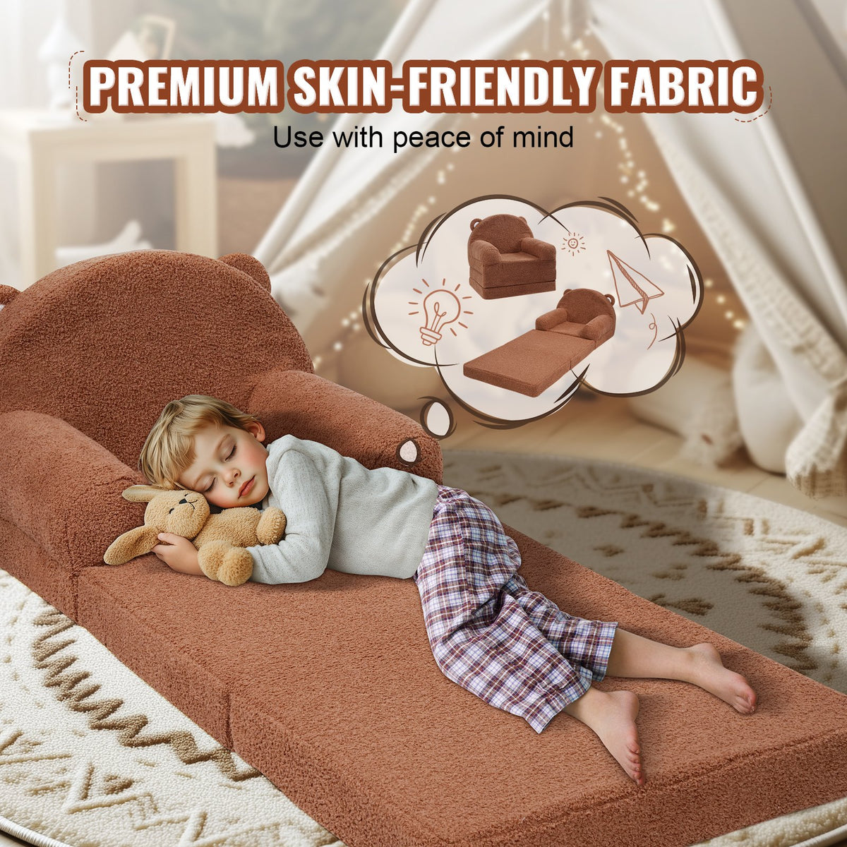 Baby Chair Sofa | 2-in-1 Foldable Lounger | Cartoon Brown Design