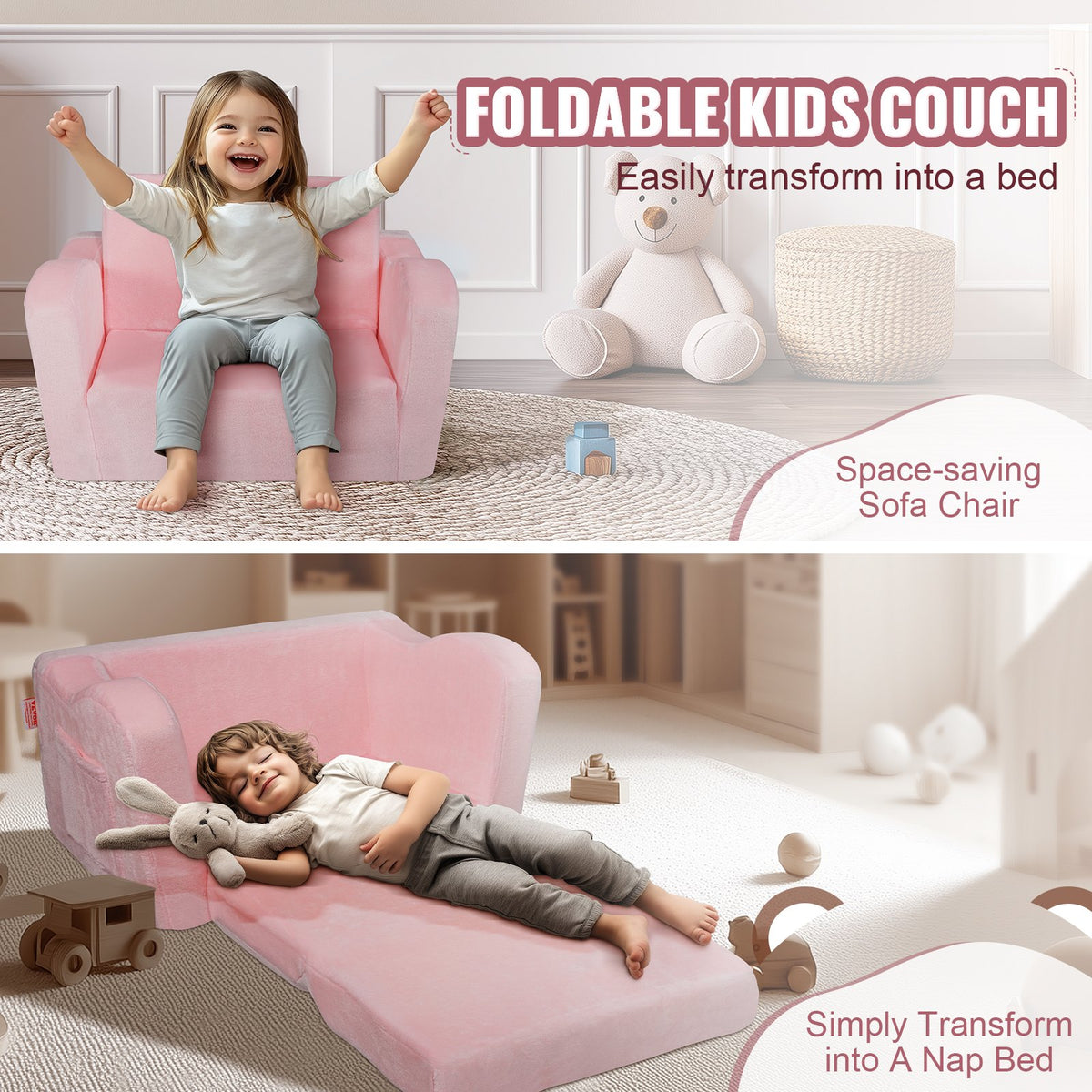 Baby Chair Sofa | Foldable 2-in-1 Lounger | Comfy Pink Design