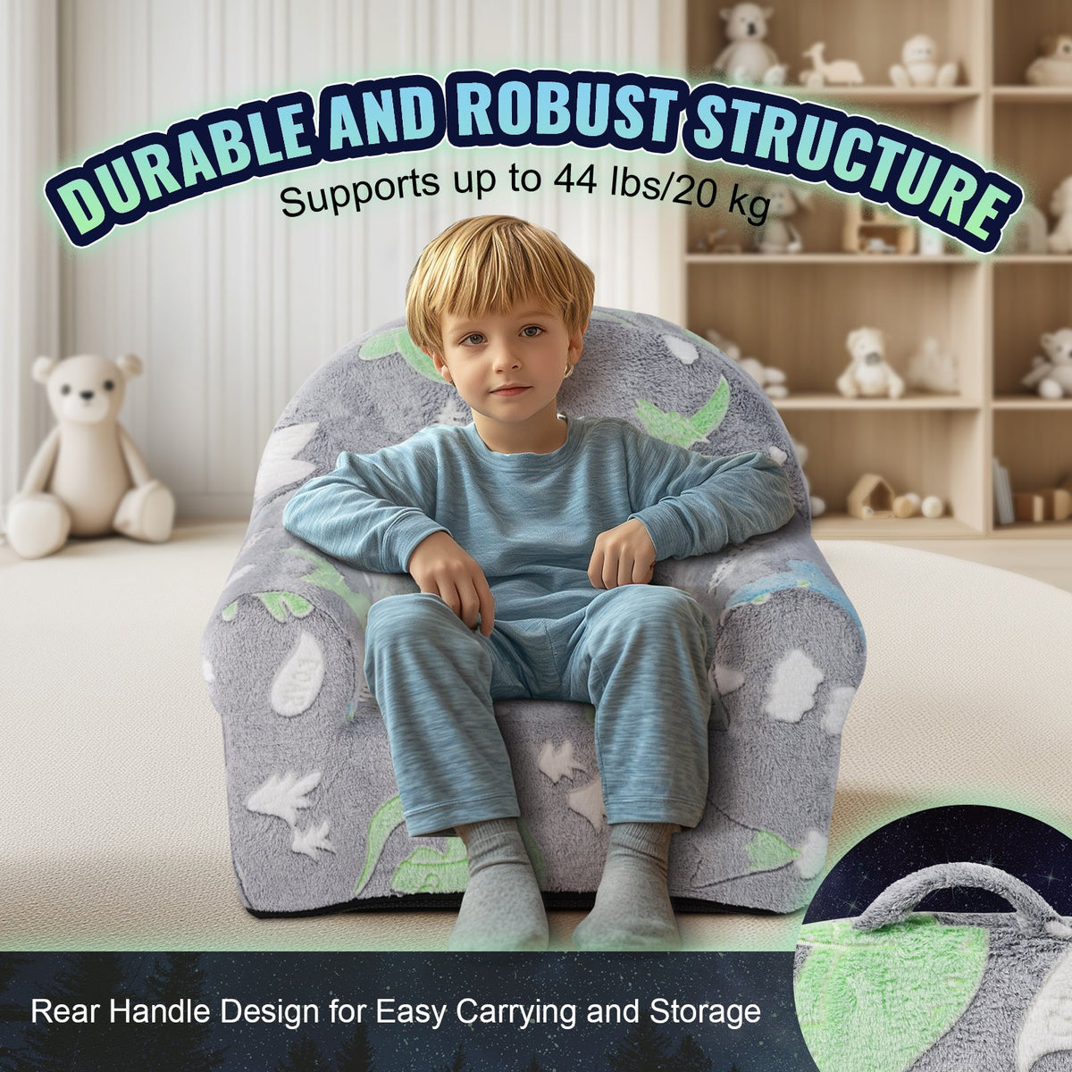 Toddler Plush Chair | Glow-in-the-Dark Baby Seat | Grey Playroom Furniture