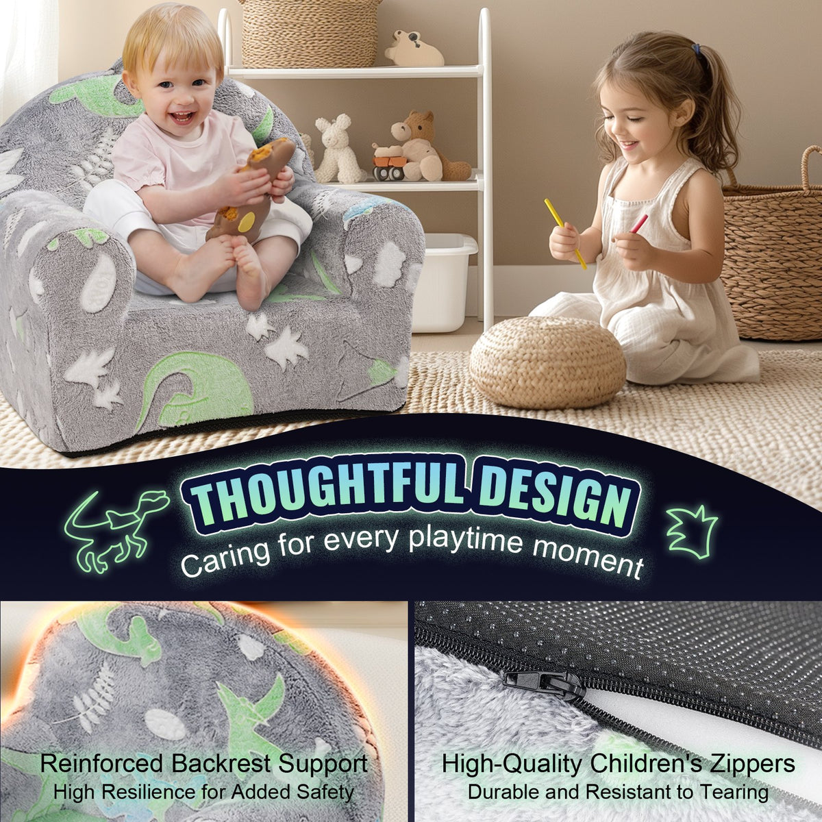 Toddler Plush Chair | Glow-in-the-Dark Baby Seat | Grey Playroom Furniture
