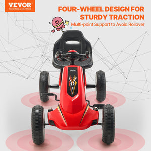Pedal Go Kart | 4-Wheel Ride-On for Kids Ages 3-8 | Adjustable Seat | Red