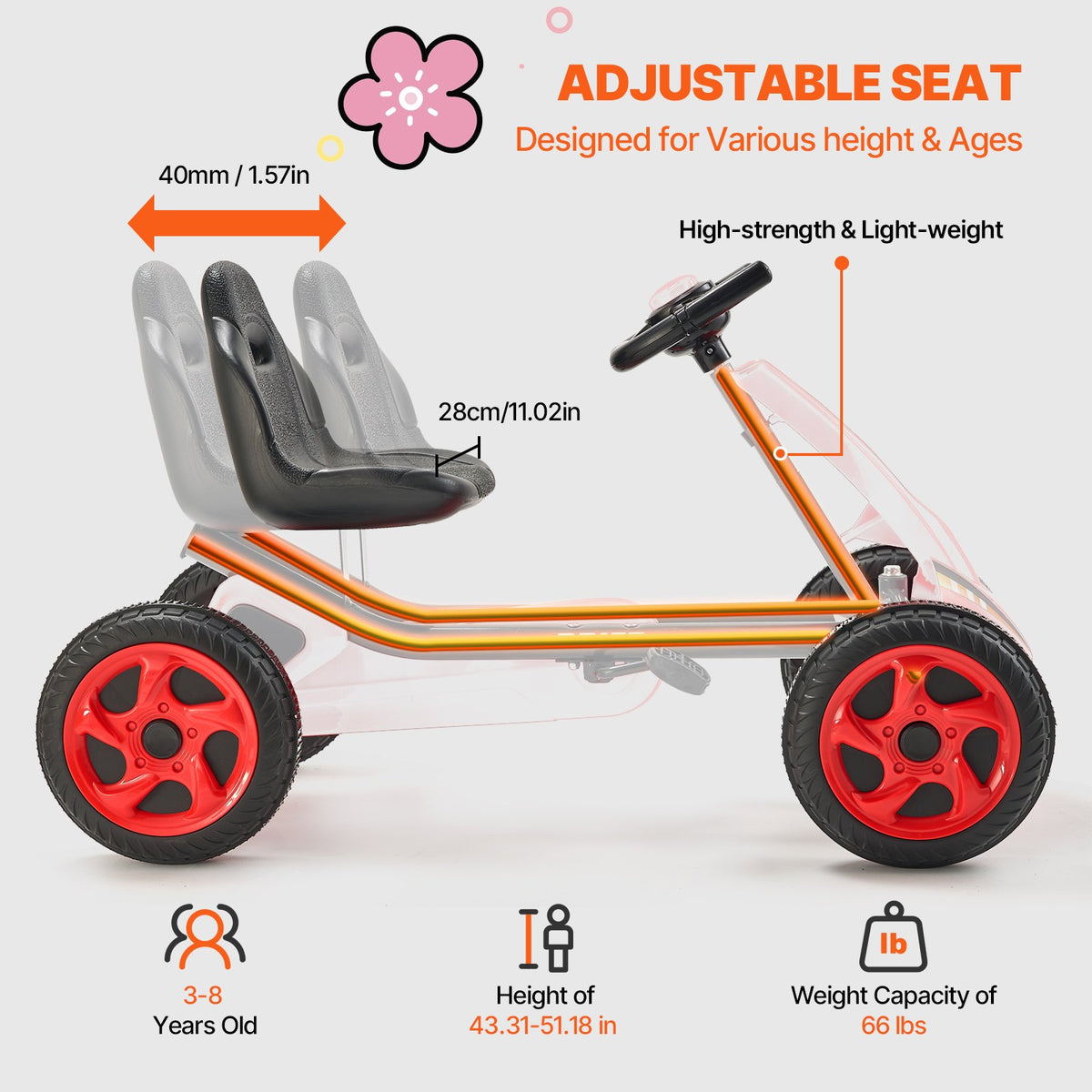 Pedal Go Kart | 4-Wheel Ride-On for Kids Ages 3-8 | Adjustable Seat | Red