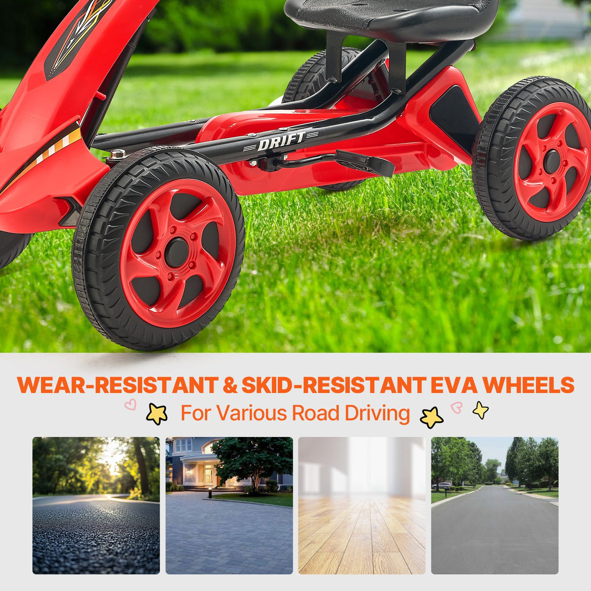 Pedal Go Kart | 4-Wheel Ride-On for Kids Ages 3-8 | Adjustable Seat | Red