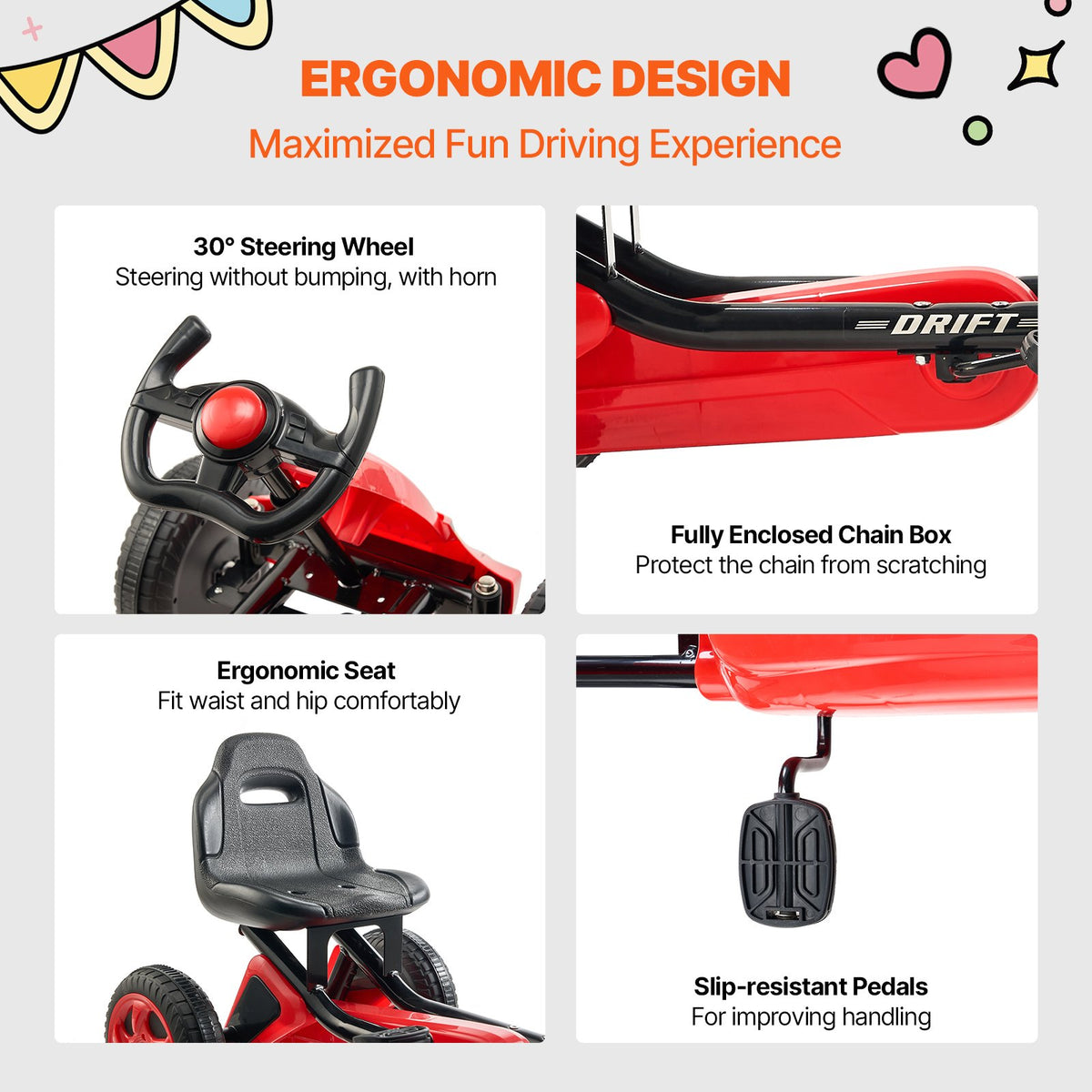 Pedal Go Kart | 4-Wheel Ride-On for Kids Ages 3-8 | Adjustable Seat | Red