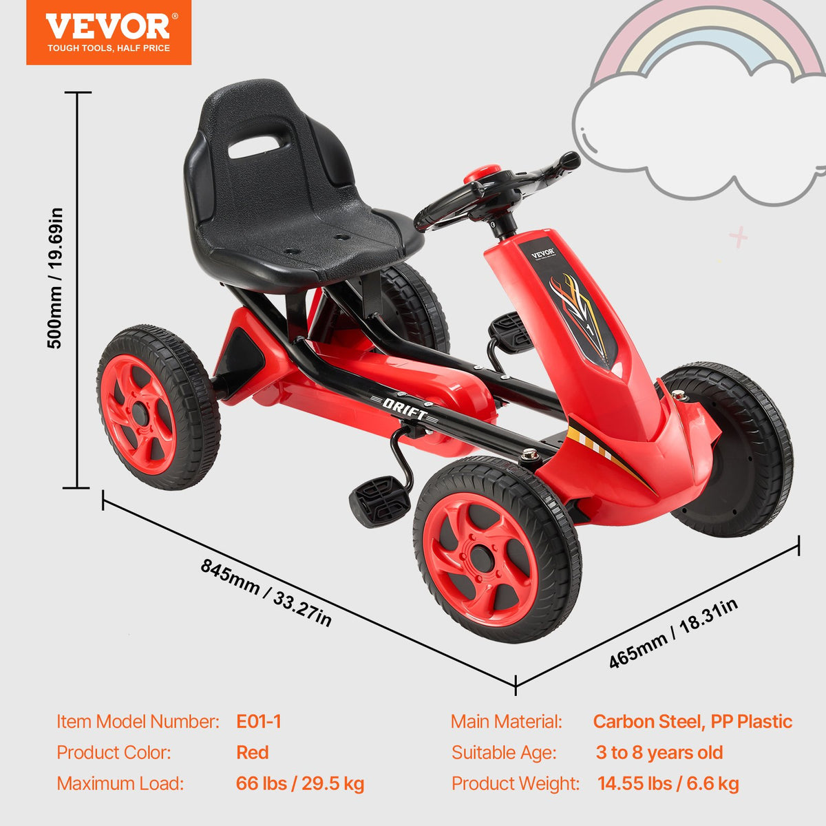 Pedal Go Kart | 4-Wheel Ride-On for Kids Ages 3-8 | Adjustable Seat | Red