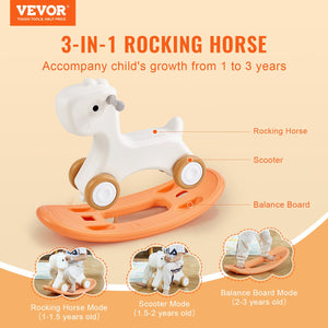 3-in-1 Rocking Horse for Toddlers | Detachable Balance Board & Wheels | Supports 80lbs | HDPE Ride-On Toy | Orange