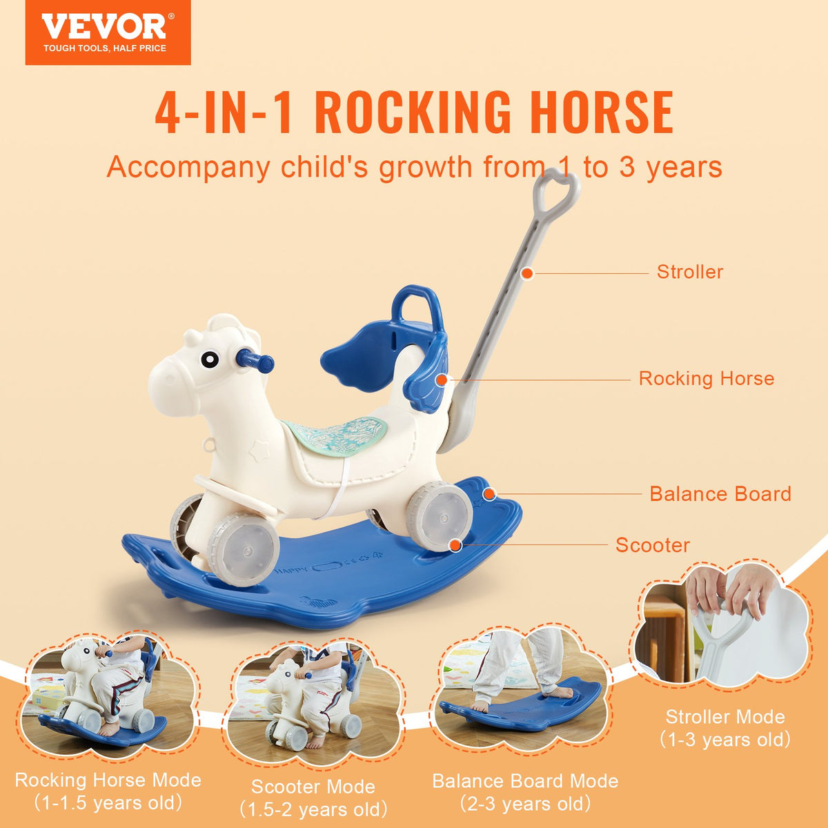 4-in-1 Rocking Horse for Toddlers | Blue Ride-On Toy with Detachable Balance Board, Push Handle & Wheels | Supports 80lbs | With Sound Effects