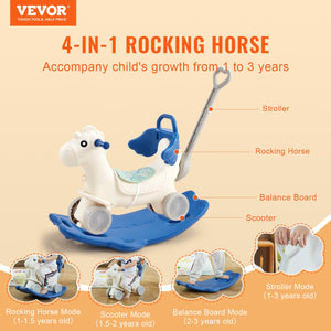 4-in-1 Rocking Horse for Toddlers | Blue Ride-On Toy with Detachable Balance Board, Push Handle & Wheels | Supports 80lbs | With Sound Effects