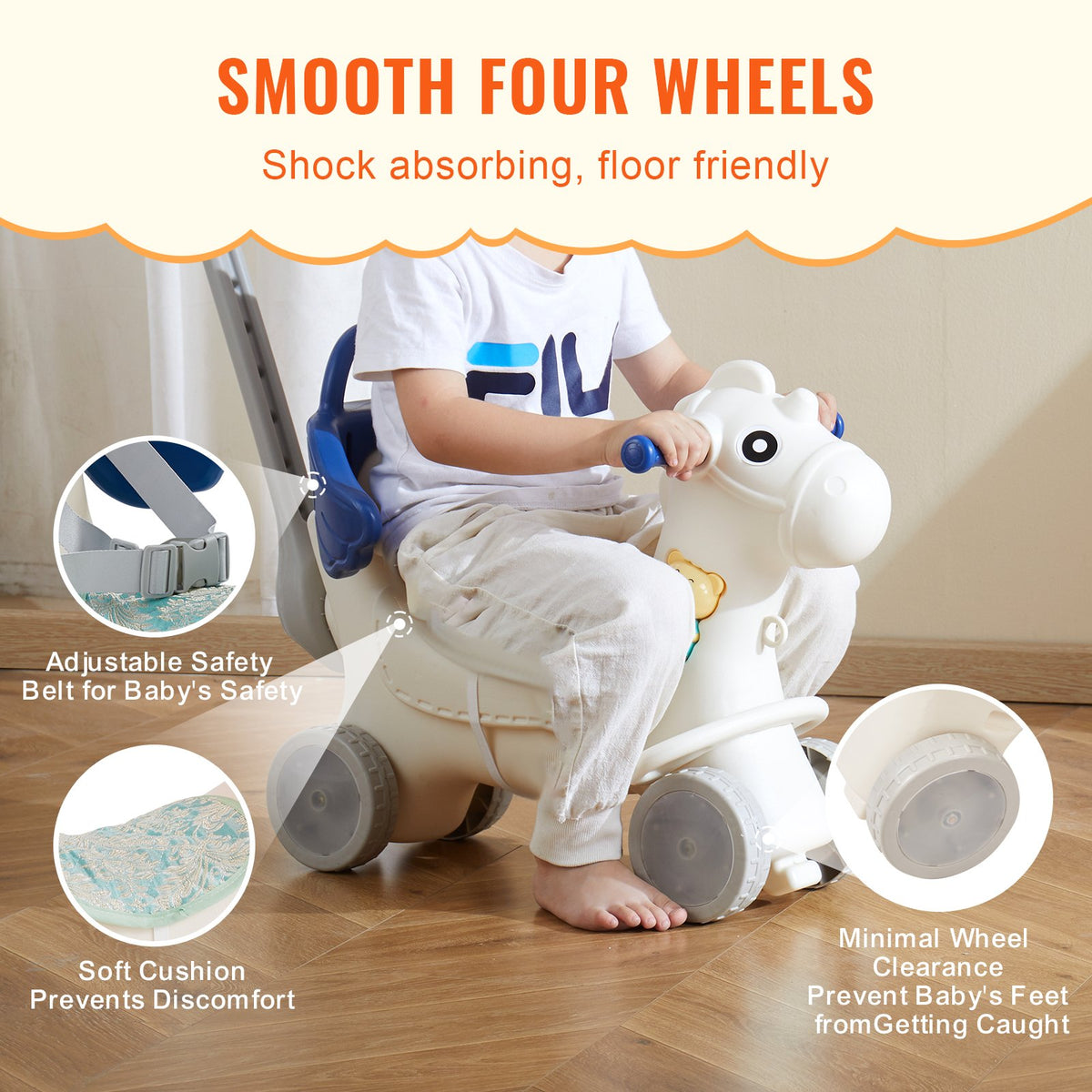 4-in-1 Rocking Horse for Toddlers | Blue Ride-On Toy with Detachable Balance Board, Push Handle & Wheels | Supports 80lbs | With Sound Effects