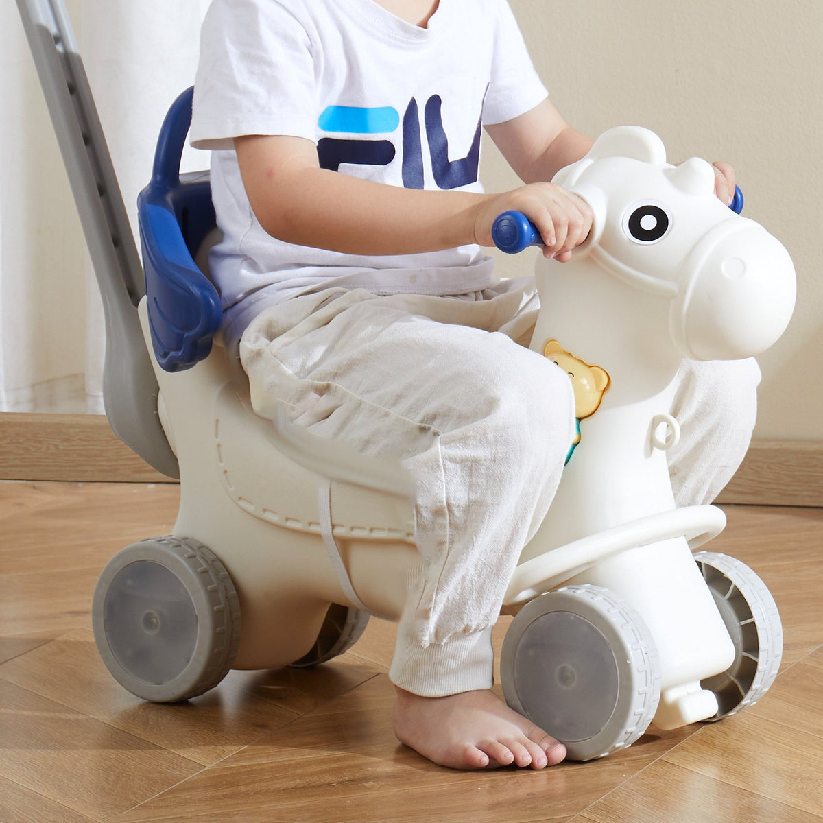4-in-1 Rocking Horse for Toddlers | Blue Ride-On Toy with Detachable Balance Board, Push Handle & Wheels | Supports 80lbs | With Sound Effects