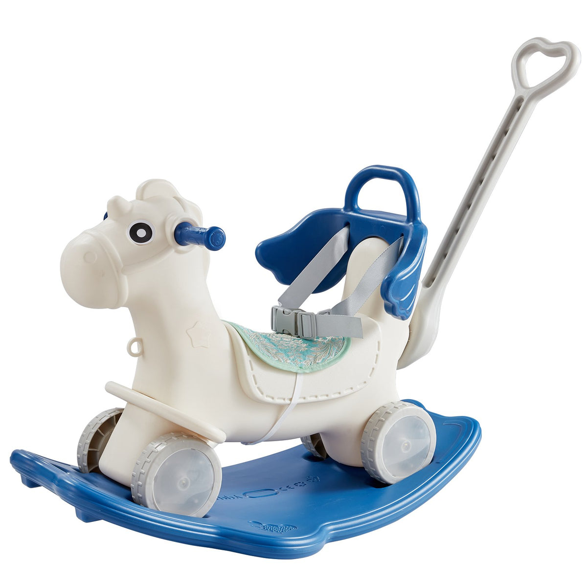 4-in-1 Rocking Horse for Toddlers | Blue Ride-On Toy with Detachable Balance Board, Push Handle & Wheels | Supports 80lbs | With Sound Effects