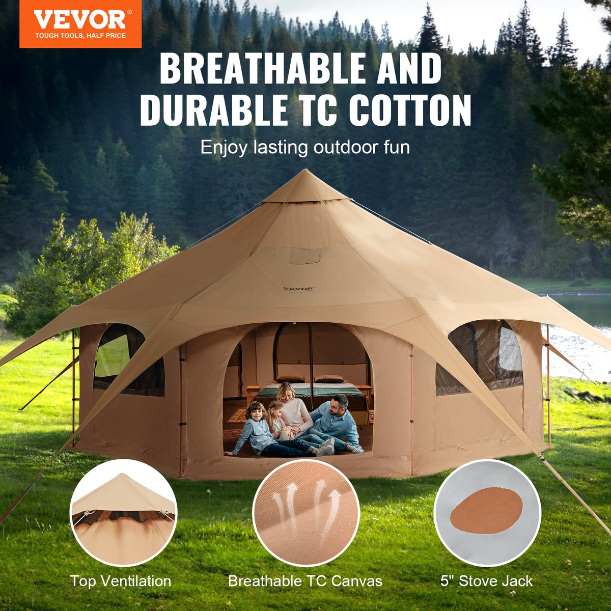 Bell Tent | 5m (16.4ft) Canvas 4-Season Camping Tent with Stove Jack