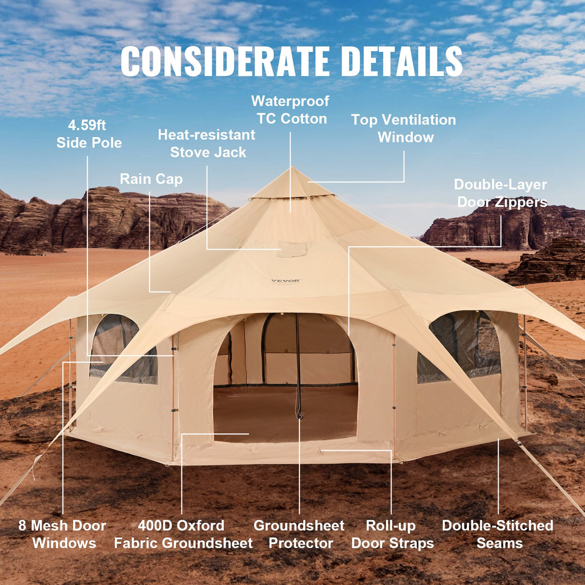 Bell Tent | 5m (16.4ft) Canvas 4-Season Camping Tent with Stove Jack