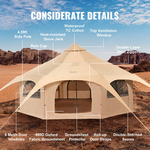 Bell Tent | 5m (16.4ft) Canvas 4-Season Camping Tent with Stove Jack