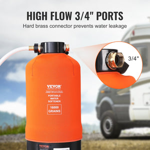 RV Water Softener 16,000 Grain | Portable Softener with Brass Fittings & Hose | For RVs, Boats & Car Washing