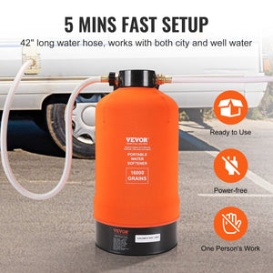 RV Water Softener 16,000 Grain | Portable Softener with Brass Fittings & Hose | For RVs, Boats & Car Washing
