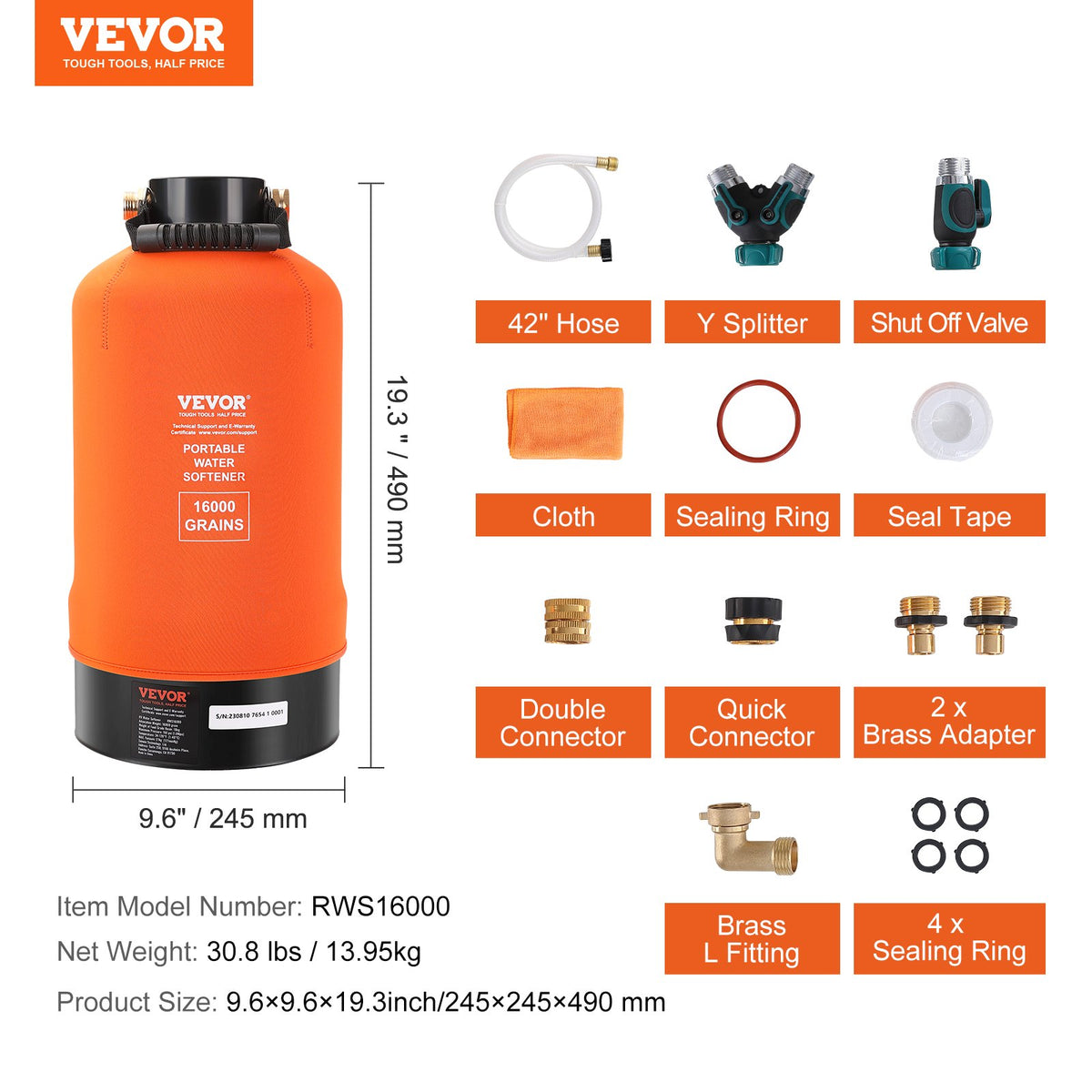 RV Water Softener 16,000 Grain | Portable Softener with Brass Fittings & Hose | For RVs, Boats & Car Washing