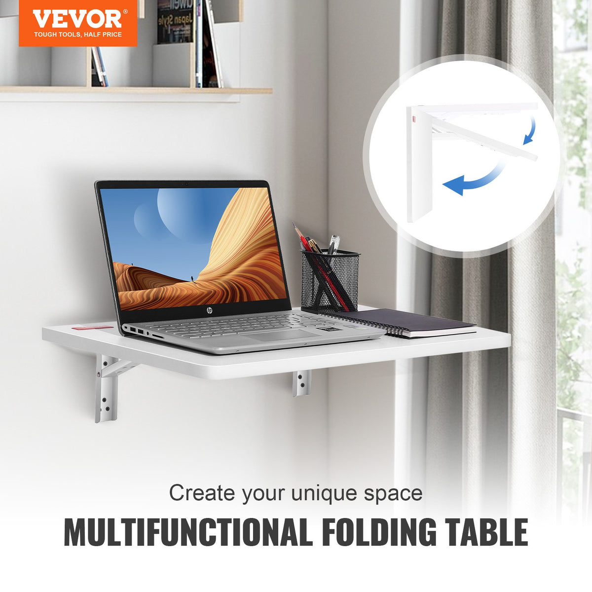 Wall Mounted Folding Table 23.6"x15.6" | Wooden Floating Drop Leaf Desk with Carbon Steel Bracket | Space-Saving Table for Dining, Laundry & Office