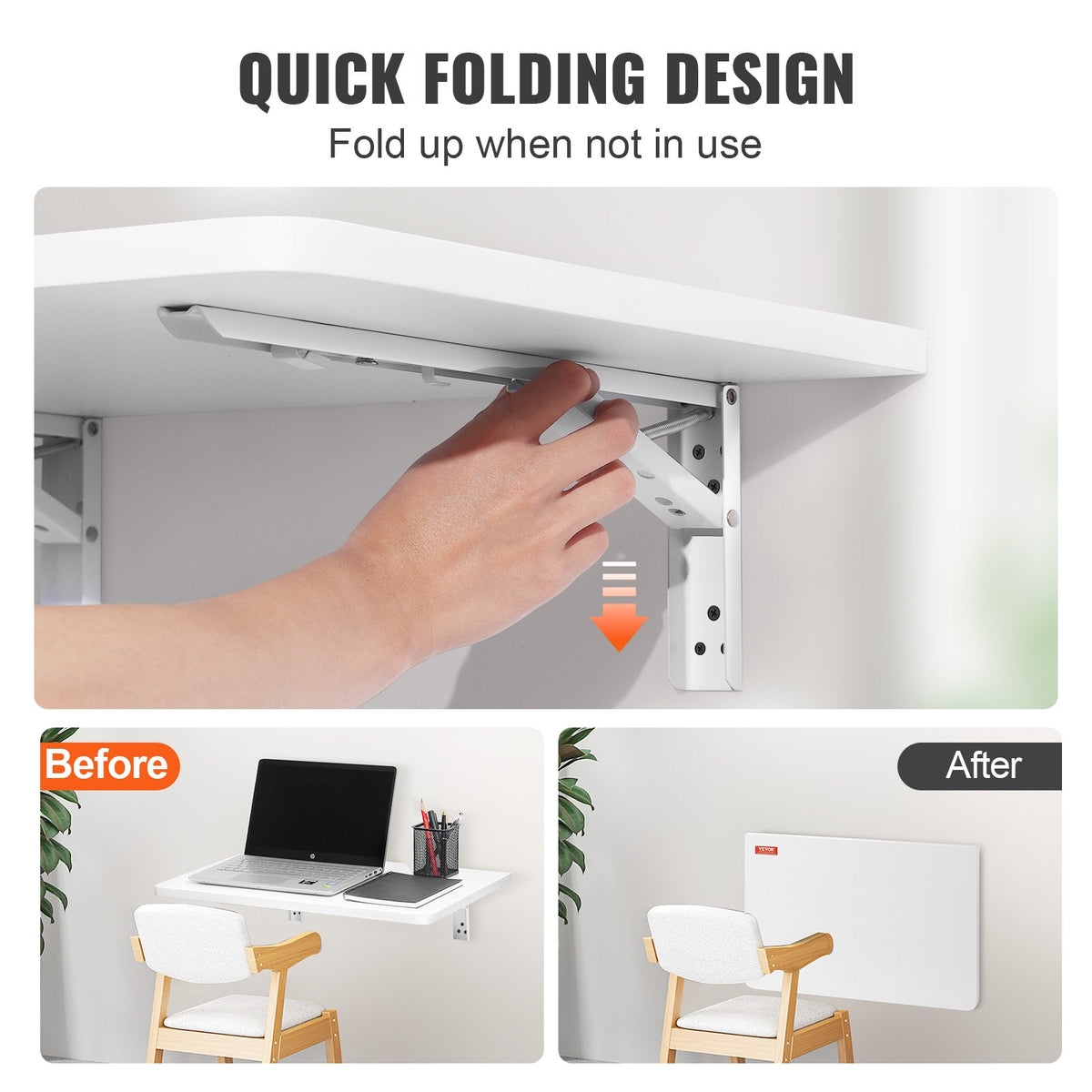 Wall Mounted Folding Table 23.6"x15.6" | Wooden Floating Drop Leaf Desk with Carbon Steel Bracket | Space-Saving Table for Dining, Laundry & Office