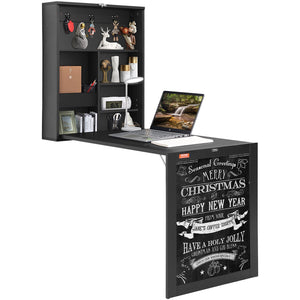 Wall-Mounted Desk | Fold-Out Convertible Table with Chalkboard & Storage Shelves