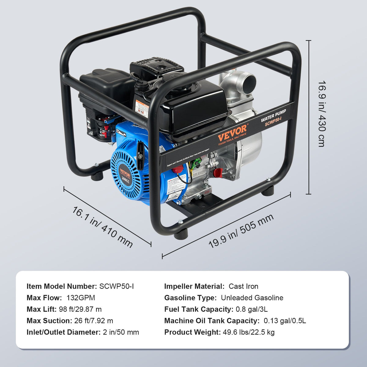 Gasoline Water Pump | 50mm 6.5HP 4-Stroke Engine Transfer Pump