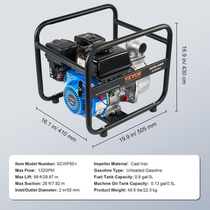 Gasoline Water Pump | 50mm 6.5HP 4-Stroke Engine Transfer Pump