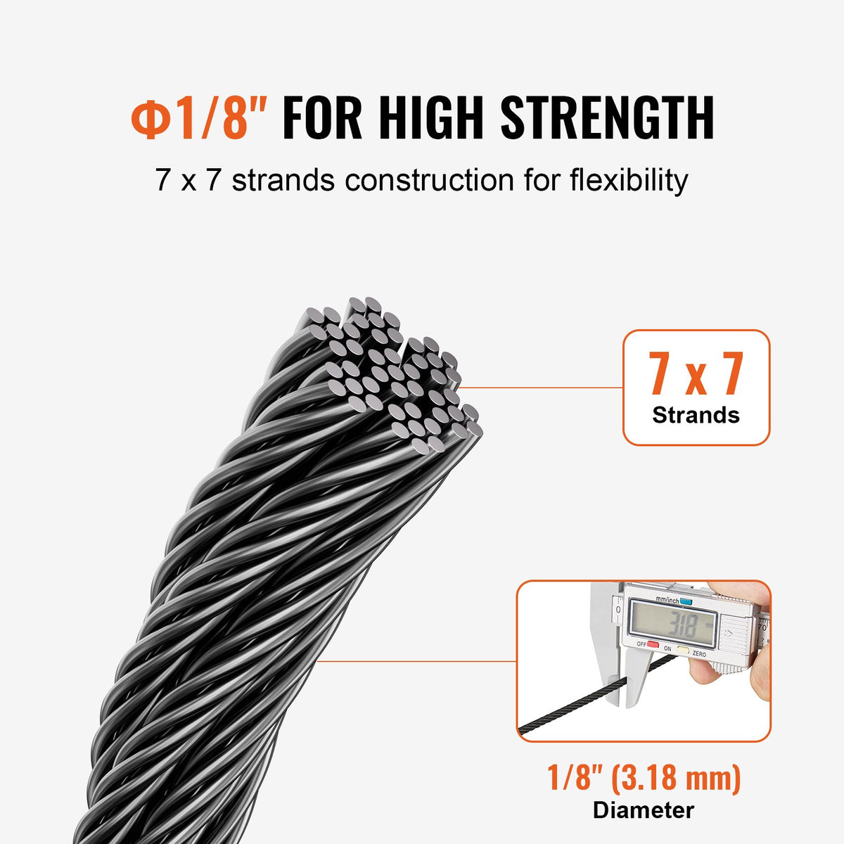 Stainless Steel Cable | T316 3.18mm 7x7 Wire Rope | 152.4m for Railing & Rigging