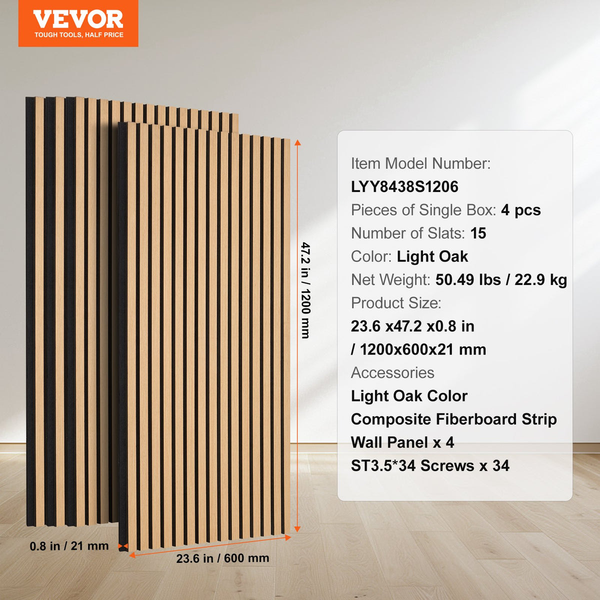 Wood Slat Acoustic Panels | 23.6"x47.2" Decorative Wall Panels | Light Oak Finish