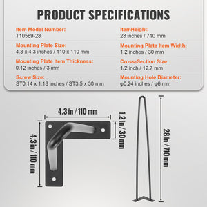 Hairpin Furniture Legs 711.2mm | Heavy Duty Metal Table Legs with Rubber Floor Protectors | 226.8kg Capacity | 4 Pack | Black