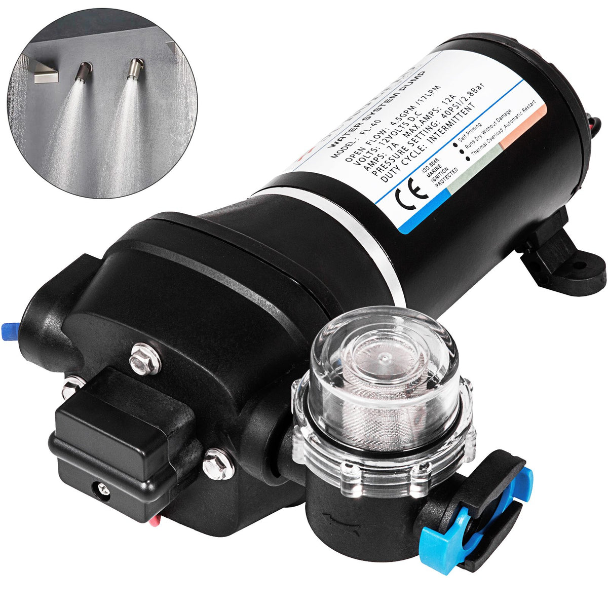 Water Pressure Pump | 12V 40PSI Self-Priming 17L/Min for RV/Marine
