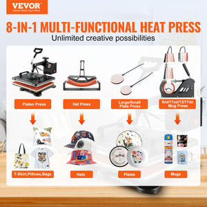 Heat Press Machine | 8-in-1 1400W Sublimation Press | 12"x15" Clamshell Design