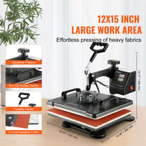 Heat Press Machine | 8-in-1 1400W Sublimation Press | 12"x15" Clamshell Design