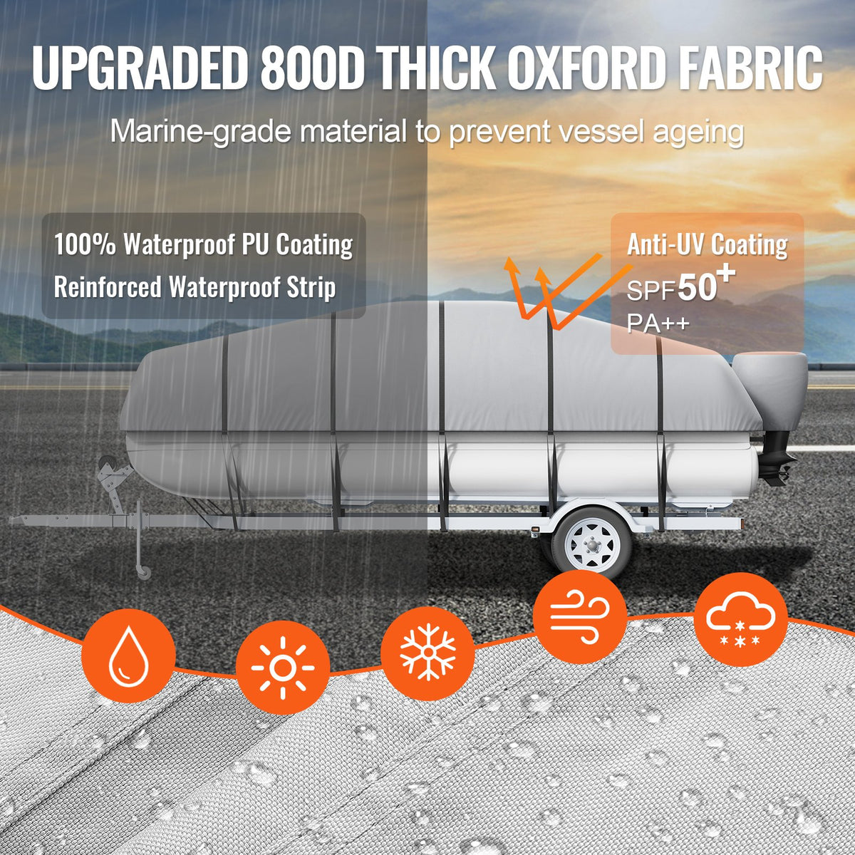 Pontoon Boat Cover | 800D Waterproof Trailerable | 19–20 ft