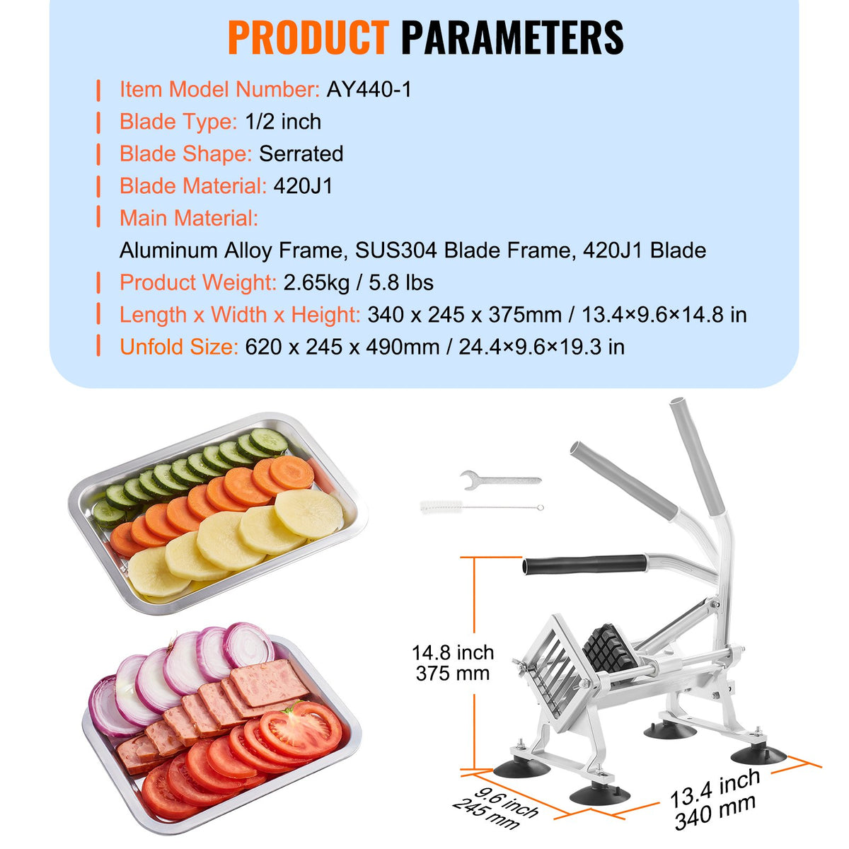 Commercial Vegetable Slicer | 1/2" Stainless Steel & Aluminum Manual Cutter | For Potatoes, Onions & Lemons