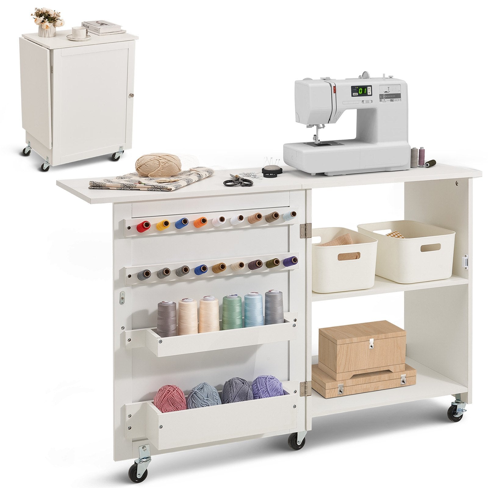 Folding Sewing Table | White | Lockable Wheels & Storage Shelves