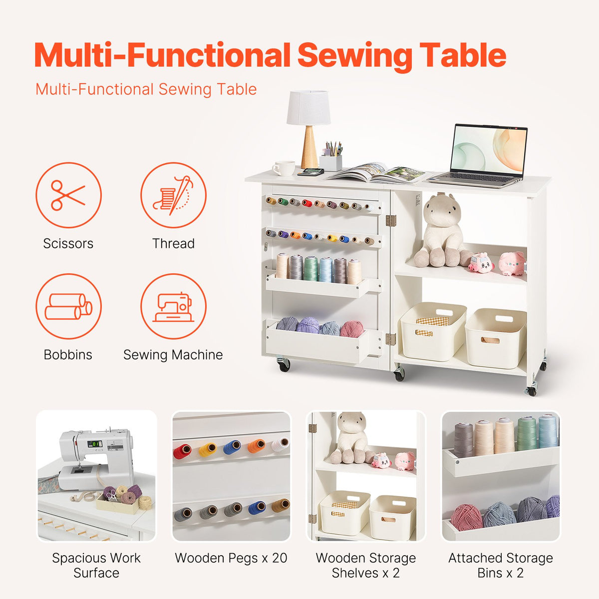 Folding Sewing Table | White | Lockable Wheels & Storage Shelves