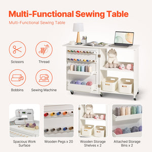 Folding Sewing Table | White | Lockable Wheels & Storage Shelves