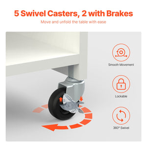 Folding Sewing Table | White | Lockable Wheels & Storage Shelves