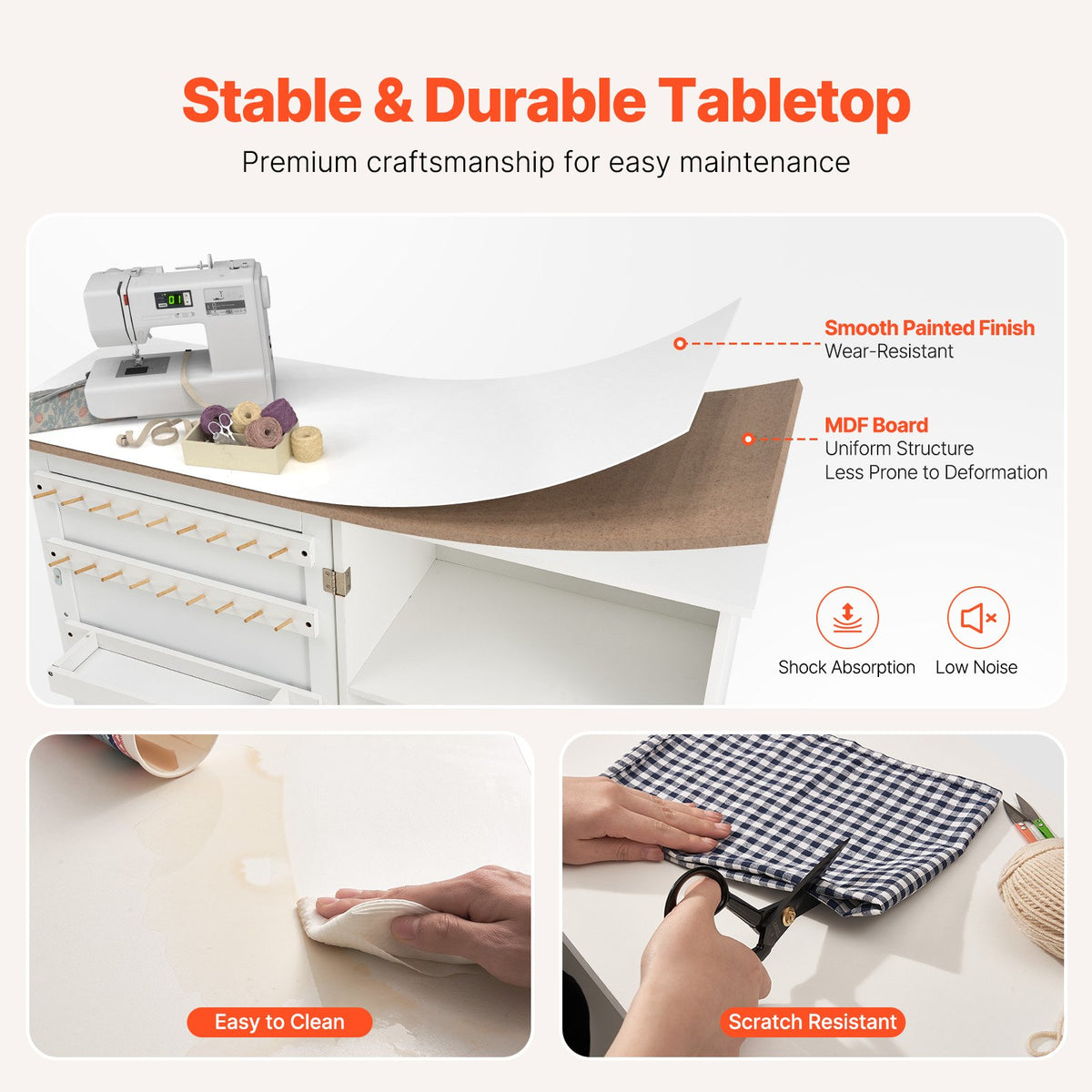 Folding Sewing Table | White | Lockable Wheels & Storage Shelves